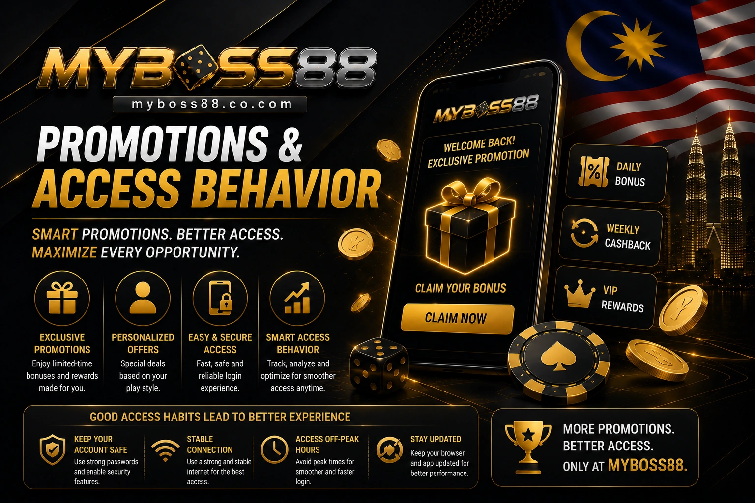MyBoss88 promotions and access behavior with exclusive rewards cashback and VIP bonus offers Malaysia