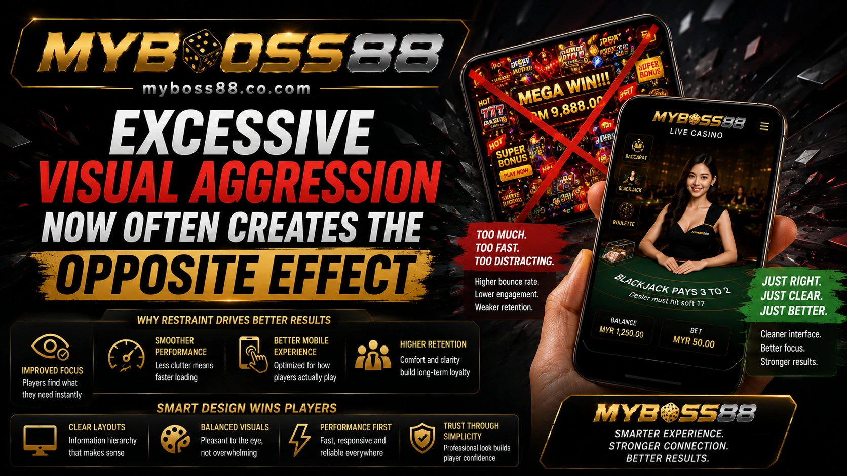 MyBoss88 clean mobile casino interface compared against visually aggressive casino layouts affecting smartphone usability.