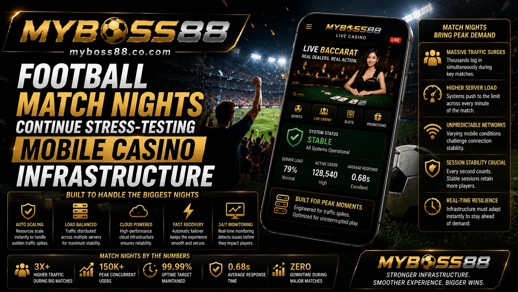 MyBoss88 mobile casino infrastructure handling football match night traffic spikes with stable live casino performance.