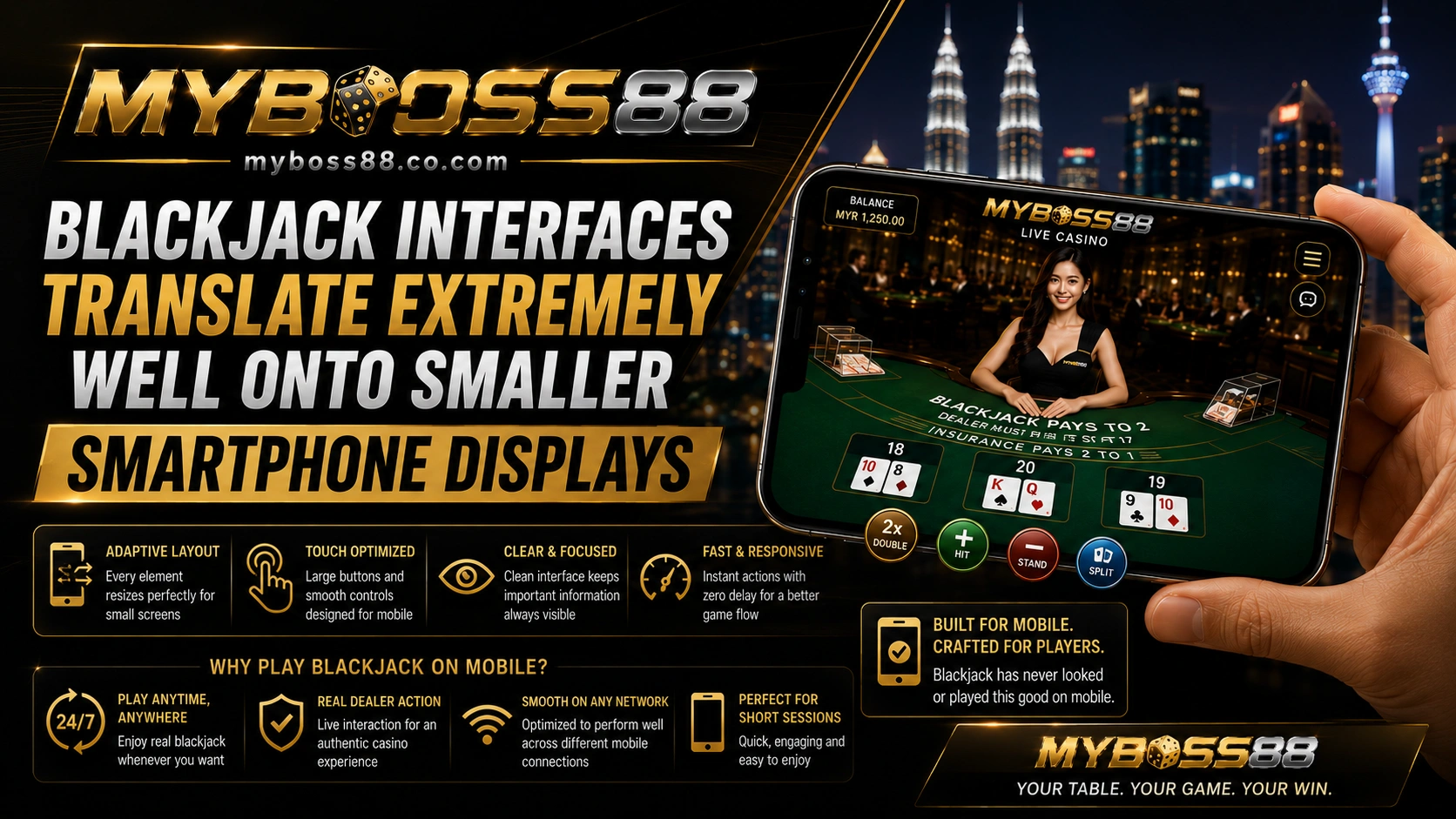 MyBoss88 mobile blackjack interface optimized for smaller smartphone screens with responsive gameplay controls.