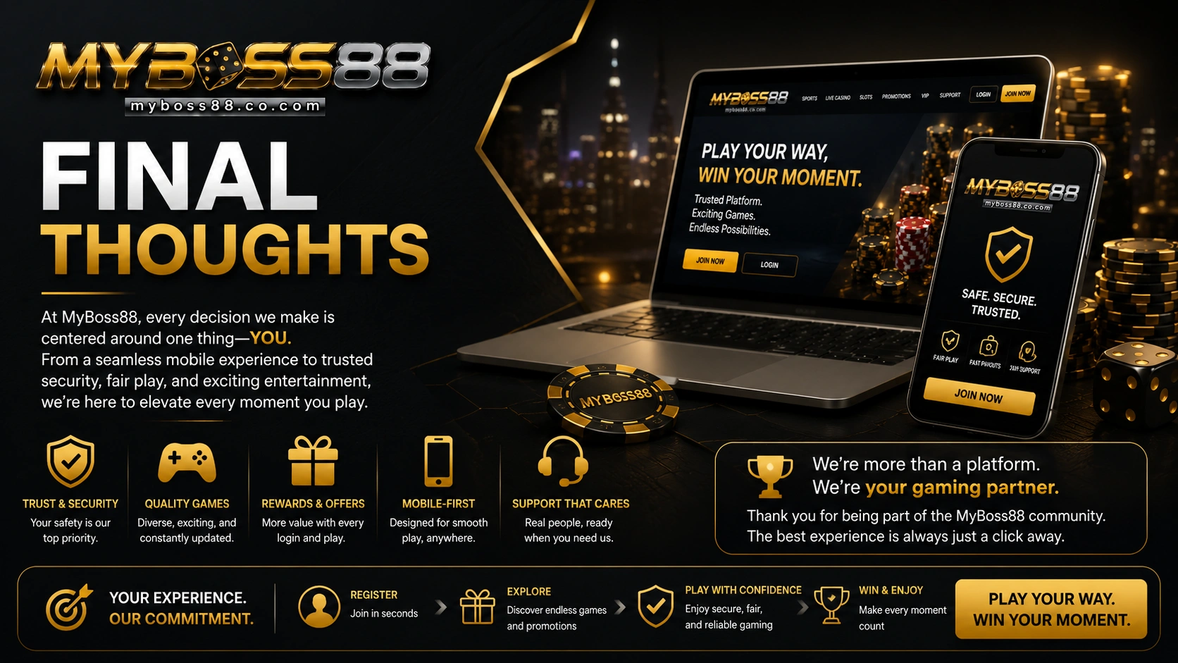 Final thoughts on MyBoss88 Malaysia highlighting trust, security, mobile accessibility, user experience, and long-term platform value