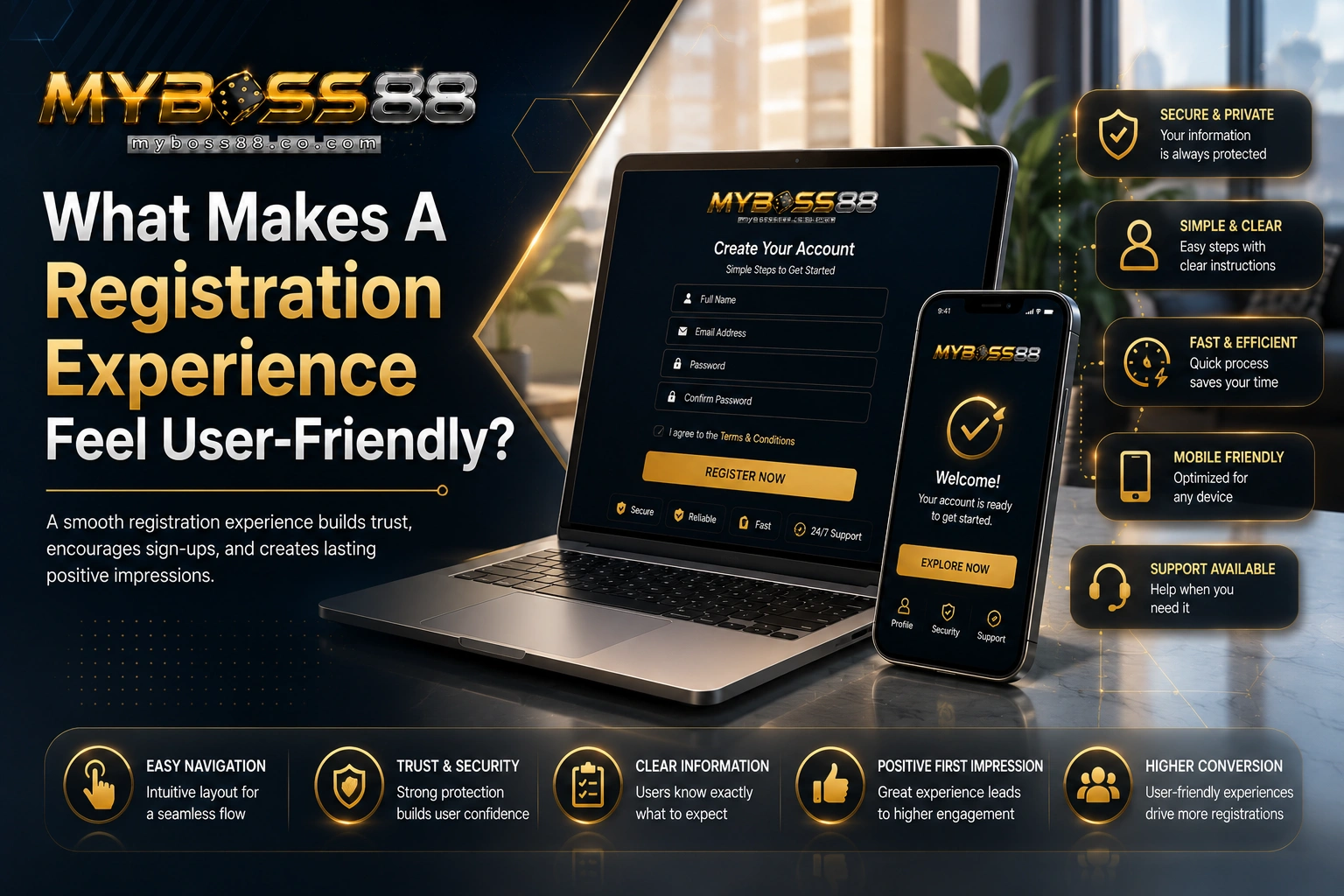 What makes a registration experience feel user friendly on MyBoss88 Malaysia including clear navigation, trust, and mobile compatibility